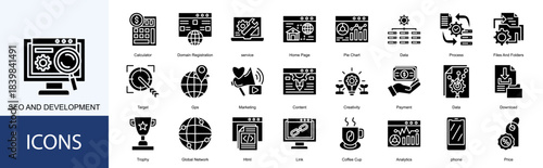 Seo and Development icon collection set. Containing service, Home Page, Pie Chart, Data, Process, Files And Folders, Target icon