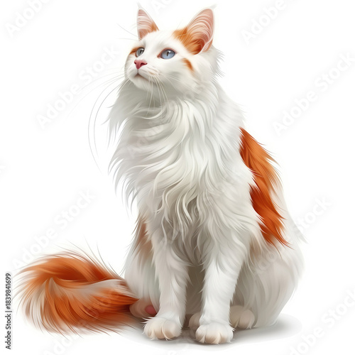 Turkish Van cat with long fluffy fur and blue eyes sitting on white background
