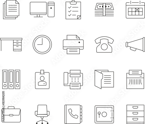 A set of minimalist line icons representing various office supplies, with editable strokes for easy customization and scalability.