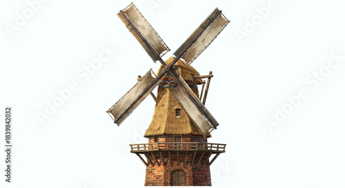 Traditional Wooden Windmill with Straw Roof, Windmill Landscape Illustration