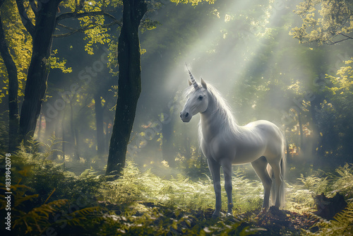 Majestic white unicorn standing in enchanted sunlit forest