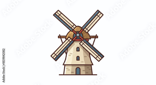 Traditional Wooden Windmill with Straw Roof, Windmill Landscape Illustration