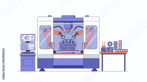 Illustration of a large industrial CNC machine with computer workstation and tools on a table in a factory setting with blue tones.