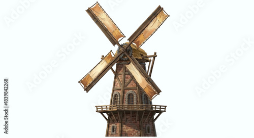 Traditional Wooden Windmill with Straw Roof, Windmill Landscape Illustration