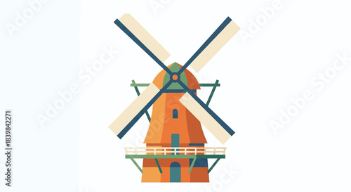 Traditional Wooden Windmill with Straw Roof, Windmill Landscape Illustration