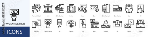 payment method icon collection set. Containing Bank, Online Banking, Invoice, Money, Cash, Online Payment icon