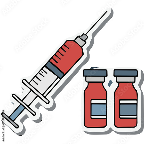 Medical Syringe and Red Liquid Filled Vials Cartoon Illustration With Shadow Effect Isolated On Black Background Healthcare Concept
