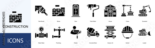 Construction icon collection set. Containing Paint Brush, Bricks, Door, Paint Roller, House, Crane, Excavator icon