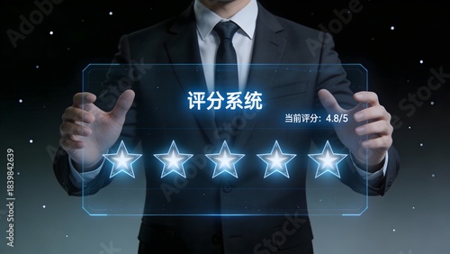 Businessman with digital rating interface