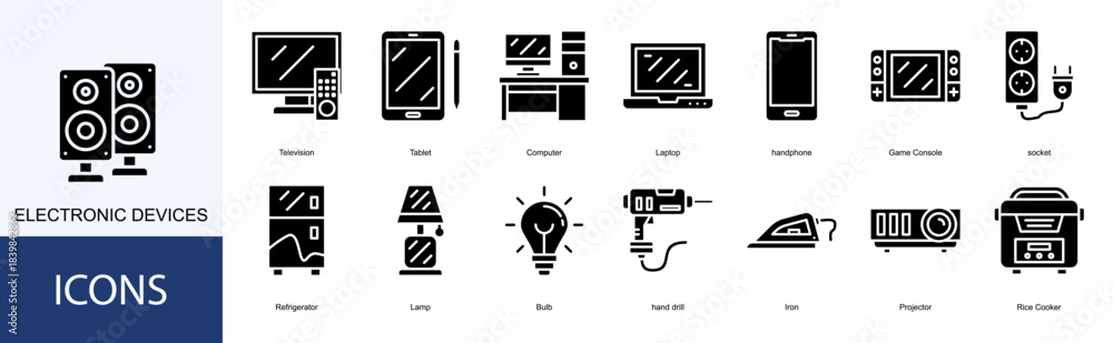 Fototapeta premium Electronic Devices icon collection set. Containing Television, Tablet, Computer, Laptop, handphone icon
