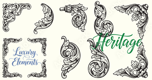 A collection of seven vintage black vector flourishes with floral and leaf details. Elegant baroque scrolls for classic invitations, borders, and page dividers.