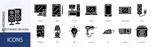 Electronic Devices icon collection set. Containing Television, Tablet, Computer, Laptop, handphone icon