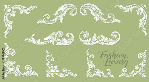 Floral decorative vector elements set, rococo and baroque style, vintage royal details. Collection of ornate baroque decorative elements