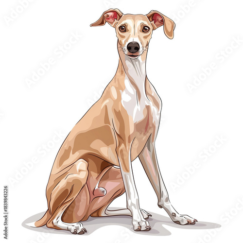 Whippet sitting — elegant slender dog illustration on white background