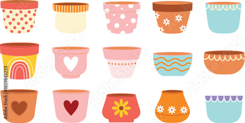 Colorful Vector Set of Charming Flower Pots and Planters Featuring Hearts, Polka Dots, Waves, and Rainbow Motifs for Gardening Themes, Spring Decor, and Home Interior Design