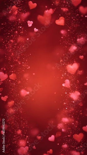Wallpaper Mural A romantic background featuring scattered hearts and shimmering particles on a deep red backdrop, perfect for expressing love and affection. Torontodigital.ca