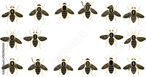 Elegant Vector Set of Honey Bees and Bumblebees in Various Poses and Simple Line Styles, Utilizing Black and Gold Palettes for Minimalist Logos and Nature Branding