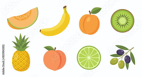 Colorful Fruit Set Vector Illustration -  apple, pear, mango, berry, blueberry, raspberry, cherry, dragonfruit