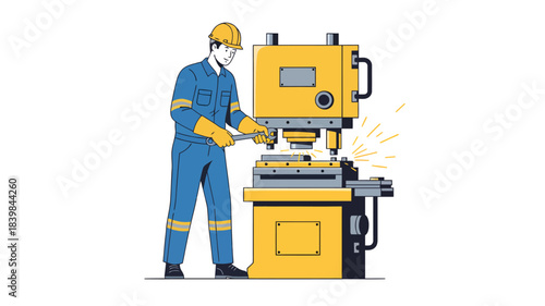 Illustration of a worker in blue overalls operating a large yellow industrial machine with sparks.