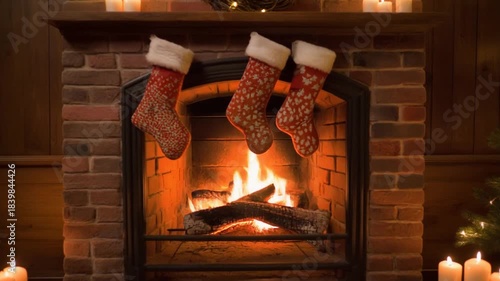 Cozy Brick Fireplace With Three Christmas Stockings Hanging And Warm Fire Burning During Holiday Season