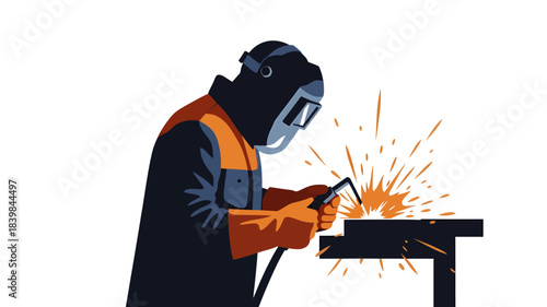 A welder in protective gear welding a piece of metal with sparks flying.