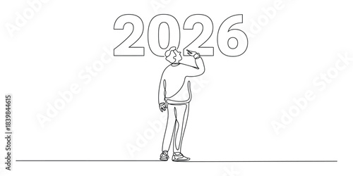 Man writing or drawing the year 2026 continuous line art