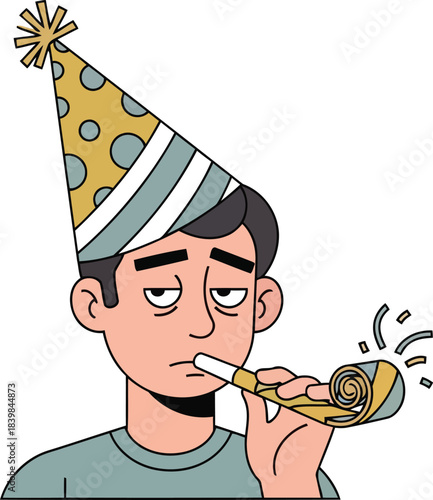 Bored Man in Party Hat Showing Unimpressed Expression at a Dull Celebration Event Flat vector