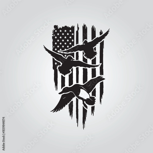 Billede på lærred Duck Hunting with usa flag vector design silhouette