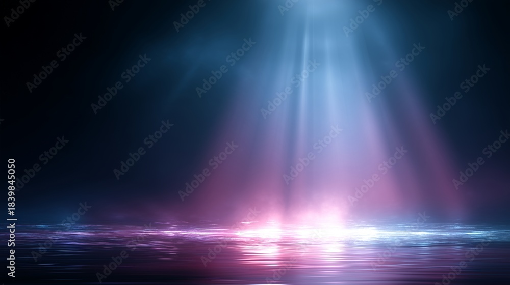 Fototapeta premium Radiant Beam: A mystical beam of light cuts through the darkness, illuminating a reflective surface with an ethereal glow, creating an atmosphere of mystery and wonder.