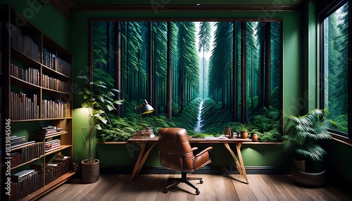 An enchanting forest-view study room designed for focus and tranquility, featuring a comfortable leather chair, elegant wooden desk, and expansive green bookshelves