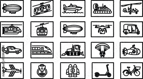 Collection of diverse transportation icons in black and white