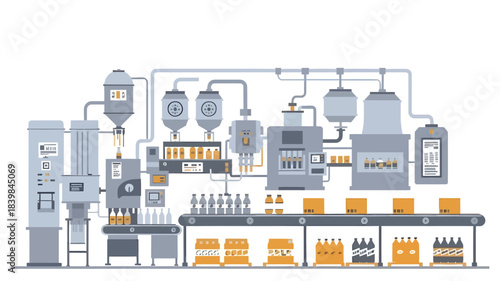 Industrial manufacturing process with machinery and equipment on a production line in a factory setting with a predominantly gray and orange color scheme.