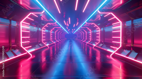 Fototapeta Naklejka Na Ścianę i Meble -  Futuristic Neon Corridor with Pink and Blue Lights