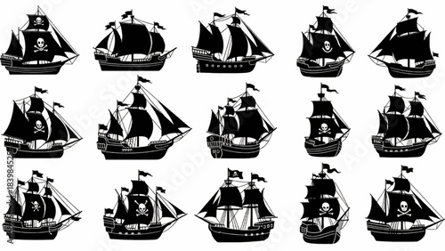 Pirate boats and Old different Wooden Ships with Fluttering Flags. Vector Set Old shipping sails traditional vessel pirate symbols garish vector illustrations.Black silhouettes collection set