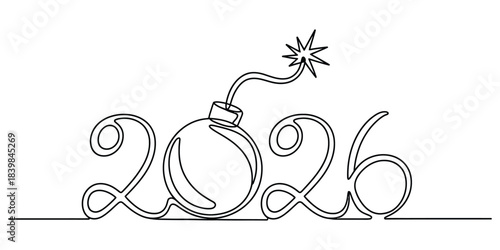 One line drawing of year 2026 as a bomb