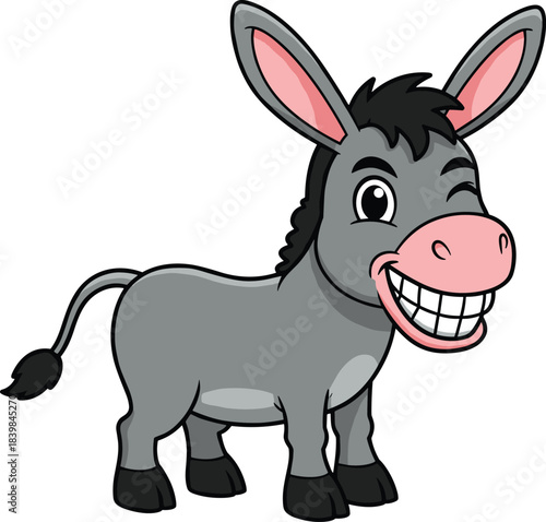 Funny cartoon donkey smiling with big teeth, cute farm animal character, happy mule illustration for kids, CAD drawing flat vector illustration