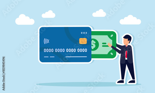 Businessman pulling dollar cash from an ATM card illustrating taking profit from an investment model