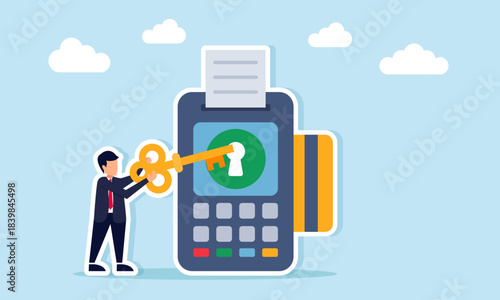 Businessman inserting a key into an EDC machine keyhole illustrating the security level of business investment data