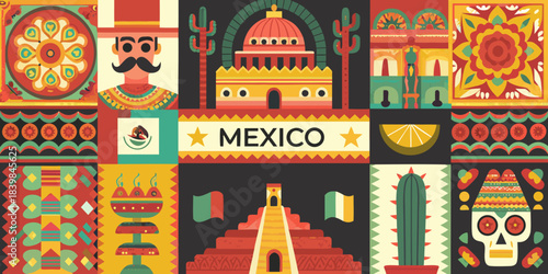 A vibrant and colorful mosaic representing iconic elements of mexico