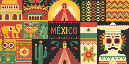 A vibrant colorful illustration showcasing iconic symbols of mexican culture and heritage