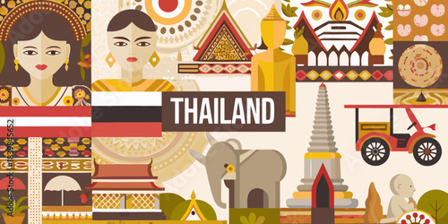 Illustrative depiction of thailand s culture landmarks and traditional elements