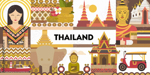 Thailand s iconic landmarks and cultural elements in a vibrant illustrative composition