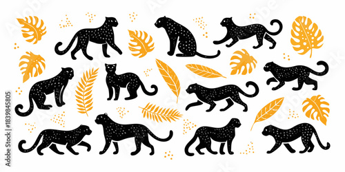 Stylized black monkey silhouettes with tropical leaves on a white background