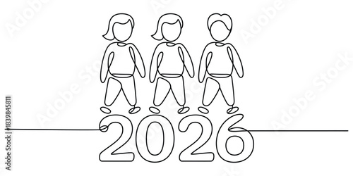 One line drawing of three children standing above year 2026