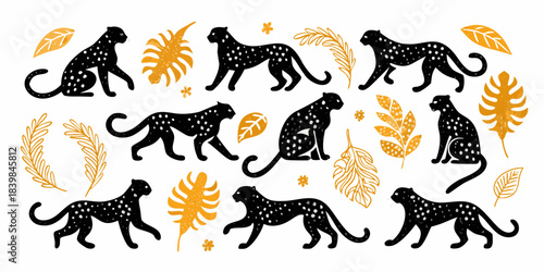 Stylized black leopards and tropical foliage in a decorative pattern design