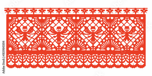Intricate red papel picado banner with skull designs traditional mexican decoration