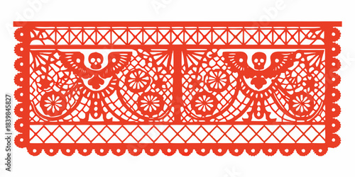 Intricate red papel picado banner with skull designs a traditional mexican art