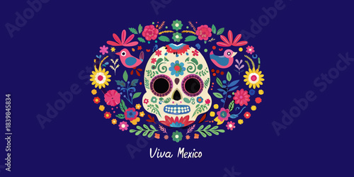 Colorful sugar skull adorned with flowers and birds celebrating d a de los muertos