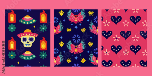 Colorful day of the dead patterns with skulls hearts and traditional elements