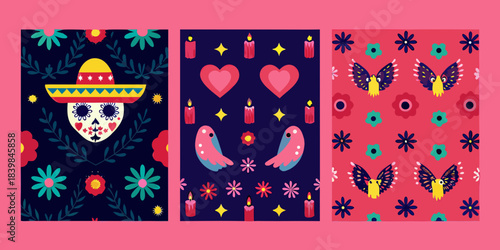 Colorful dia de los muertos themed patterns with skulls hearts and birds